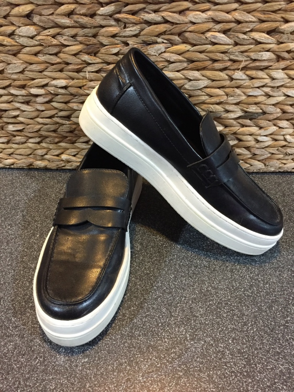 J Slides Black Leather Platform Penny Loafers with White Soles